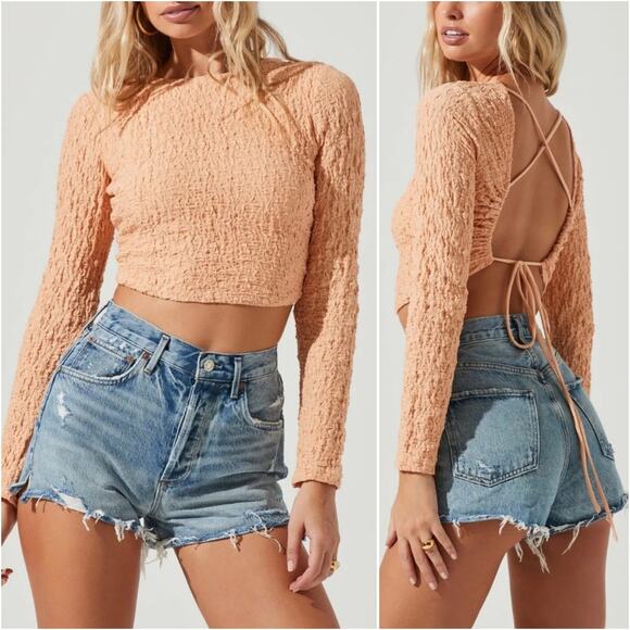 ASTR The label NEW Baxter top open back tie long sleeve textured top peach color - Picture 1 of 5